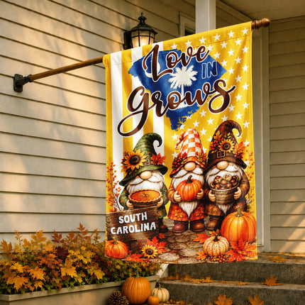 South Carolina Love Grows Autumn Gnome Harvest Flag
