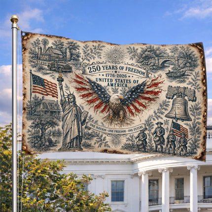 United States of America 250 Years of Freedom Vintage Sketch House Flag