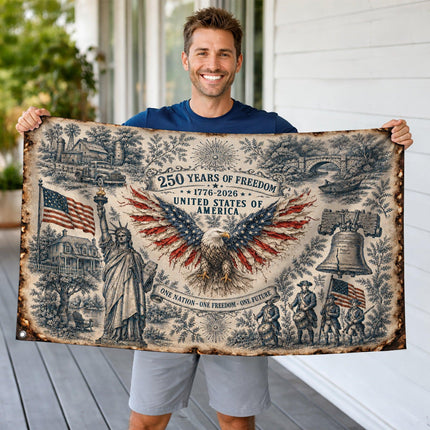 United States of America 250 Years of Freedom Vintage Sketch House Flag