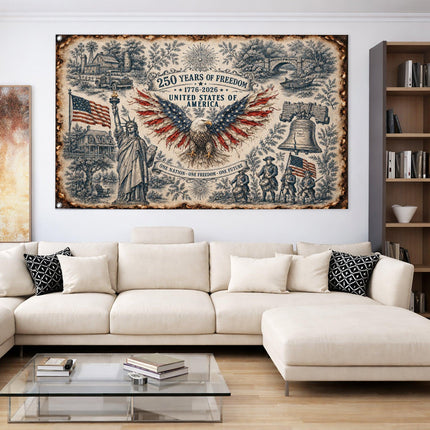 United States of America 250 Years of Freedom Vintage Sketch House Flag