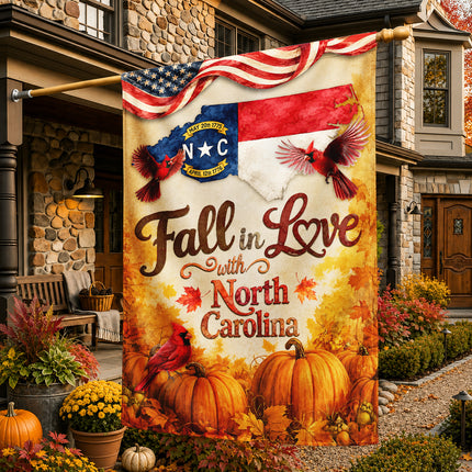 North Carolina Fall in Love Cardinal Pumpkin Autumn Flag