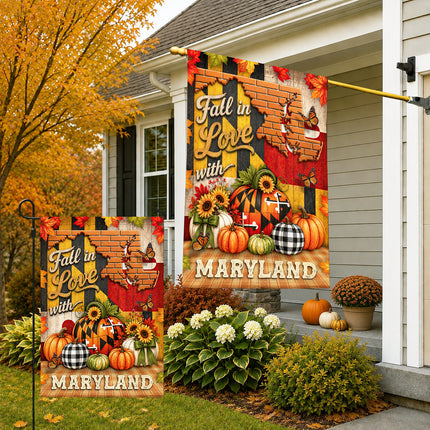 Maryland Fall Flag Fall in Love Pumpkin Harvest Garden Decor