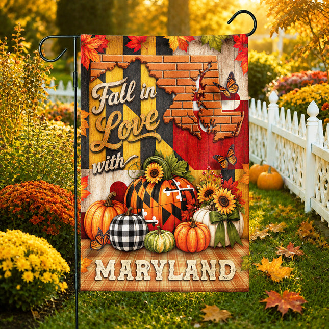 Maryland Fall Flag Fall in Love Pumpkin Harvest Garden Decor