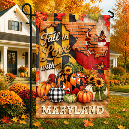 Maryland Fall Flag Fall in Love Pumpkin Harvest Garden Decor