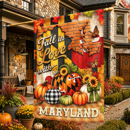 Maryland Fall Flag Fall in Love Pumpkin Harvest Garden Decor