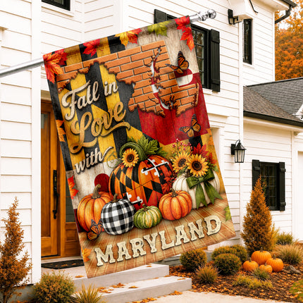 Maryland Fall Flag Fall in Love Pumpkin Harvest Garden Decor