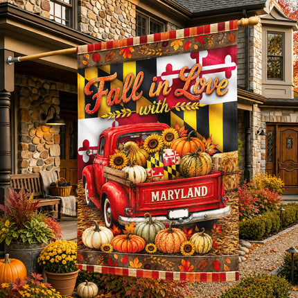 Maryland Fall in Love Vintage Truck Pumpkin Harvest Flag
