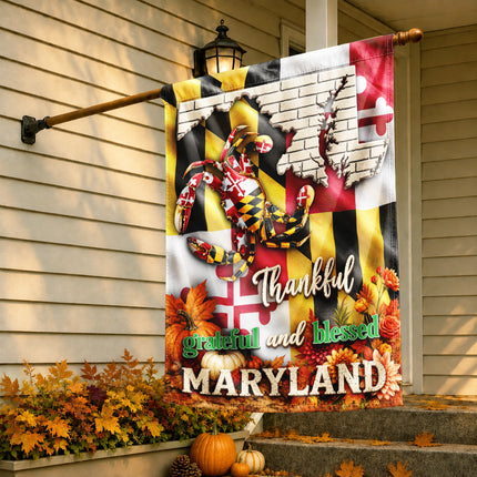 Maryland Thankful Grateful Blessed Blue Crab Autumn Fall Flag