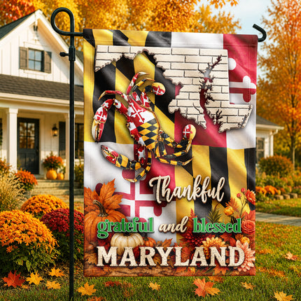 Maryland Thankful Grateful Blessed Blue Crab Autumn Fall Flag