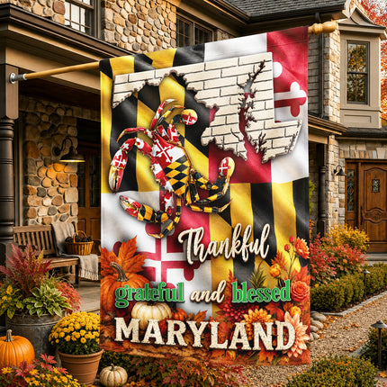 Maryland Thankful Grateful Blessed Blue Crab Autumn Fall Flag