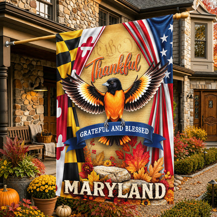 Maryland Fall Flag Thankful Grateful Blessed Oriole Autumn Decor