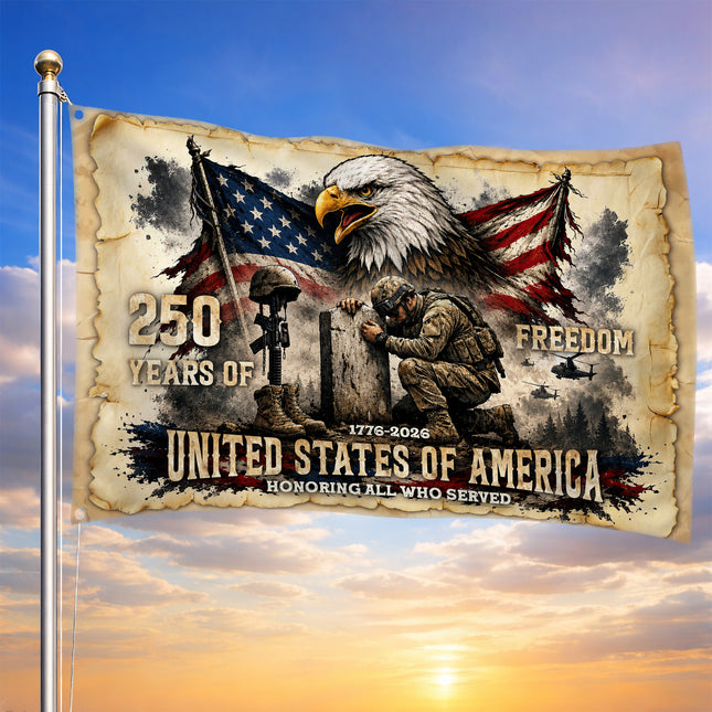 United States of America 250 Years of Freedom Kneeling Soldier Fallen Soldier Flag