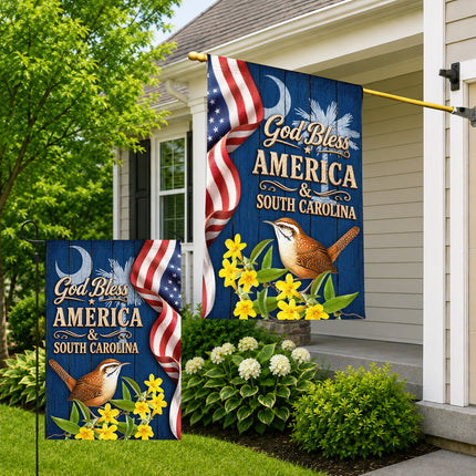South Carolina God Bless America Carolina Wren Floral Flag