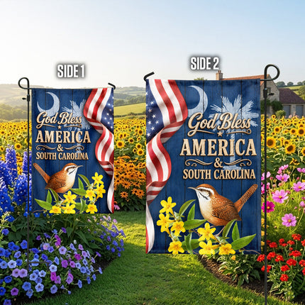 South Carolina God Bless America Carolina Wren Floral Flag