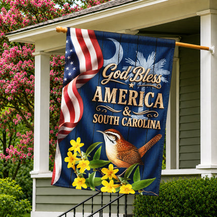 South Carolina God Bless America Carolina Wren Floral Flag