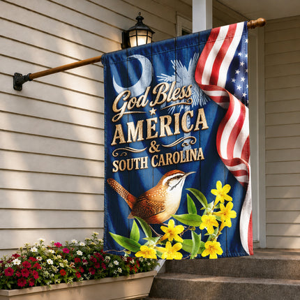 South Carolina God Bless America Carolina Wren Floral Flag
