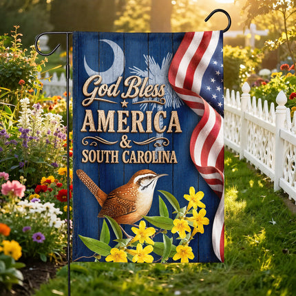 South Carolina God Bless America Carolina Wren Floral Flag