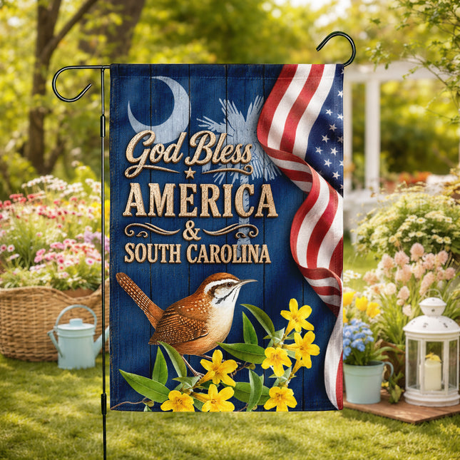 South Carolina God Bless America Carolina Wren Floral Flag
