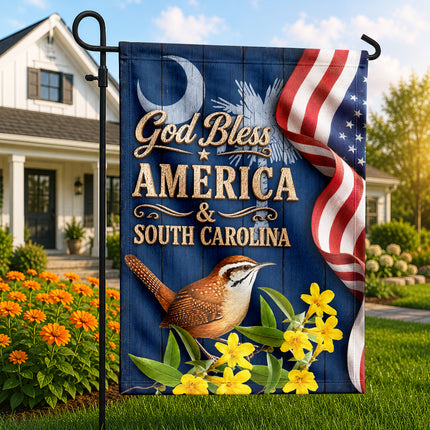 South Carolina God Bless America Carolina Wren Floral Flag