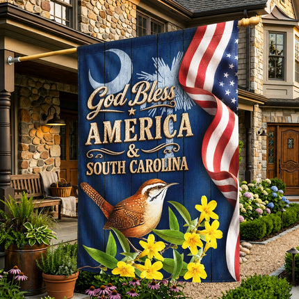 South Carolina God Bless America Carolina Wren Floral Flag