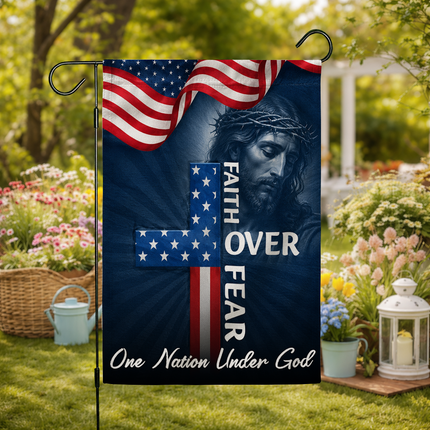 SP-01 Faith Over Fear Flag One Nation Under God Patriotic Christian Garden Decor