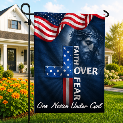 SP-01 Faith Over Fear Flag One Nation Under God Patriotic Christian Garden Decor