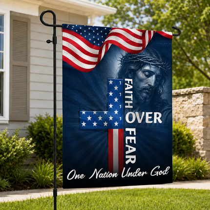 SP-01 Faith Over Fear Flag One Nation Under God Patriotic Christian Garden Decor