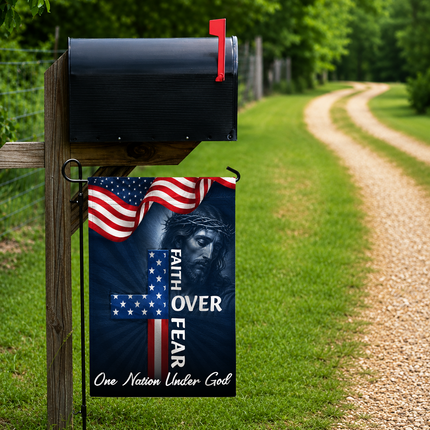 SP-01 Faith Over Fear Flag One Nation Under God Patriotic Christian Garden Decor