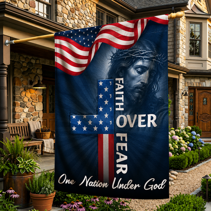 SP-01 Faith Over Fear Flag One Nation Under God Patriotic Christian Garden Decor