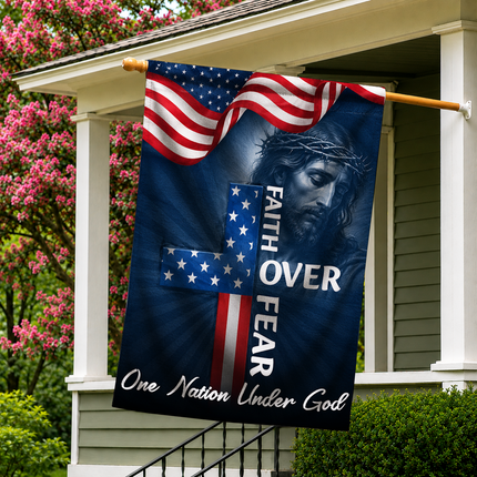 SP-01 Faith Over Fear Flag One Nation Under God Patriotic Christian Garden Decor