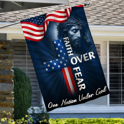 SP-01 Faith Over Fear Flag One Nation Under God Patriotic Christian Garden Decor
