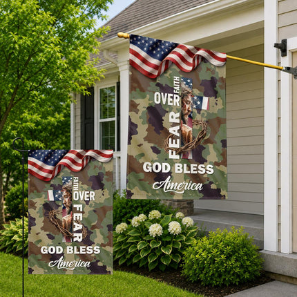 Faith Over Fear God Bless America Camo Flag