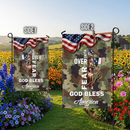 Faith Over Fear God Bless America Camo Flag