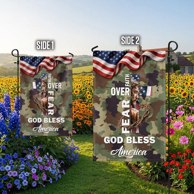 Faith Over Fear God Bless America Camo Flag