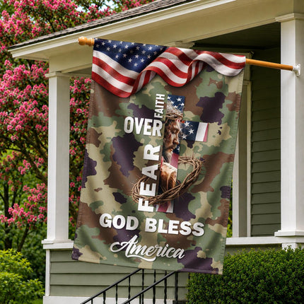 Faith Over Fear God Bless America Camo Flag