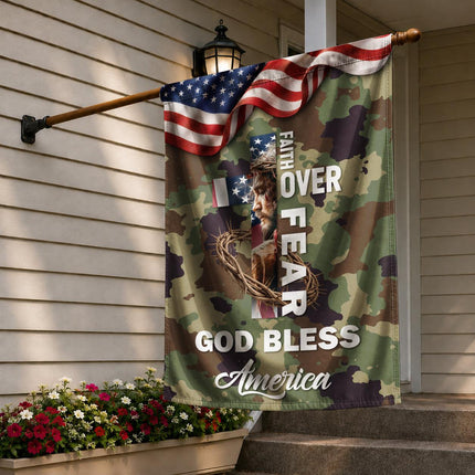 Faith Over Fear God Bless America Camo Flag