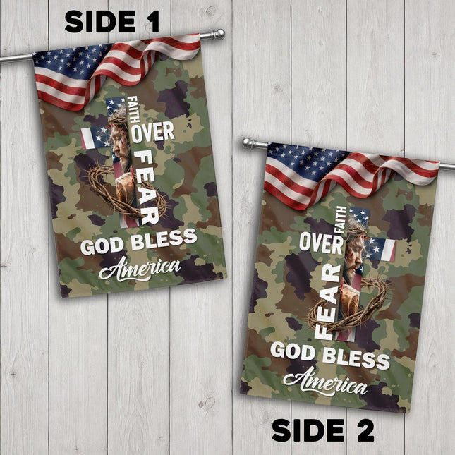 Faith Over Fear God Bless America Camo Flag