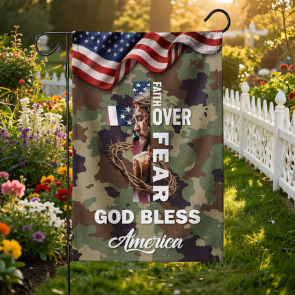 Faith Over Fear God Bless America Camo Flag