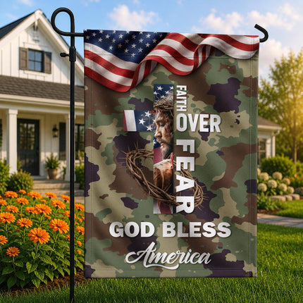 Faith Over Fear God Bless America Camo Flag