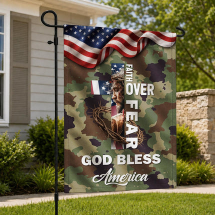 Faith Over Fear God Bless America Camo Flag