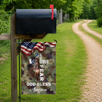 Faith Over Fear God Bless America Camo Flag