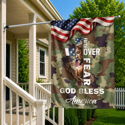 Faith Over Fear God Bless America Camo Flag