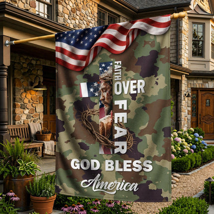 Faith Over Fear God Bless America Camo Flag