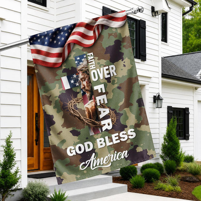 Faith Over Fear God Bless America Camo Flag