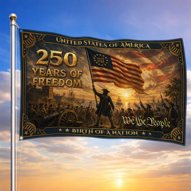 United States of America 250 Years of Freedom Revolutionary War Colonial Soldier Flag