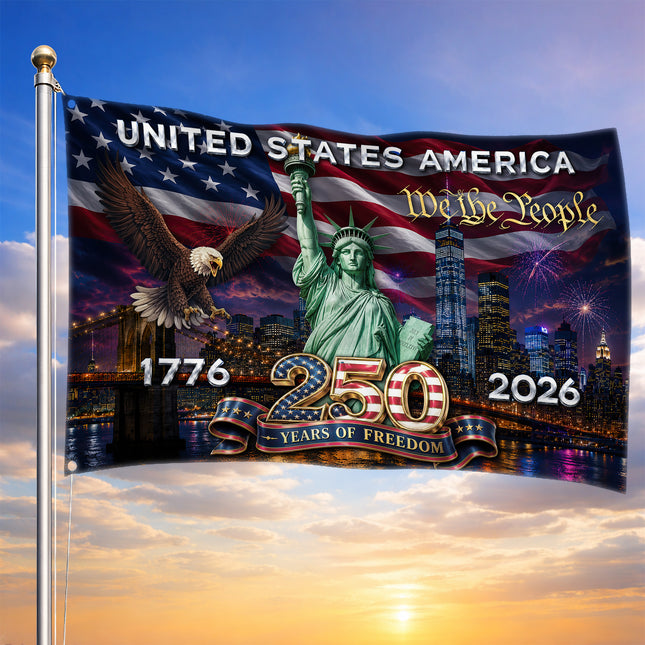United States of America 250 Years of Freedom New York Skyline Statue of Liberty Flag