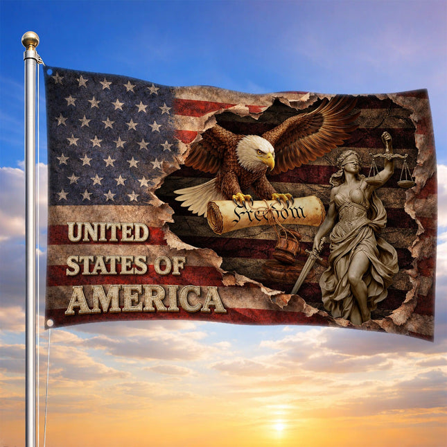 Patriotic Torn Lady Justice Eagle American House Flag