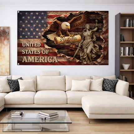 Patriotic Torn Lady Justice Eagle American House Flag