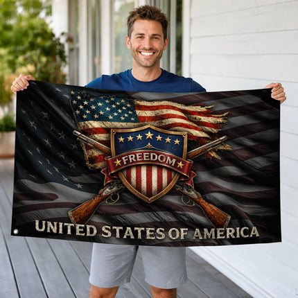Patriotic Distressed Freedom Shield Rifles American House Flag
