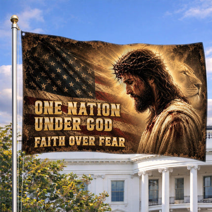 One Nation Under God Lion Jesus Grommet Flag